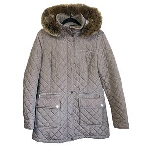 Calvin Klein Quilted Coat In Beige Tan With Faux Fur Trim Hood Size Medium